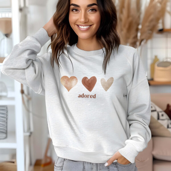 Ash sweatshirt with Cute Brown hearts graphic and Adored text– feminine and minimal, from Bhoomkins’ Sweatshirt collection