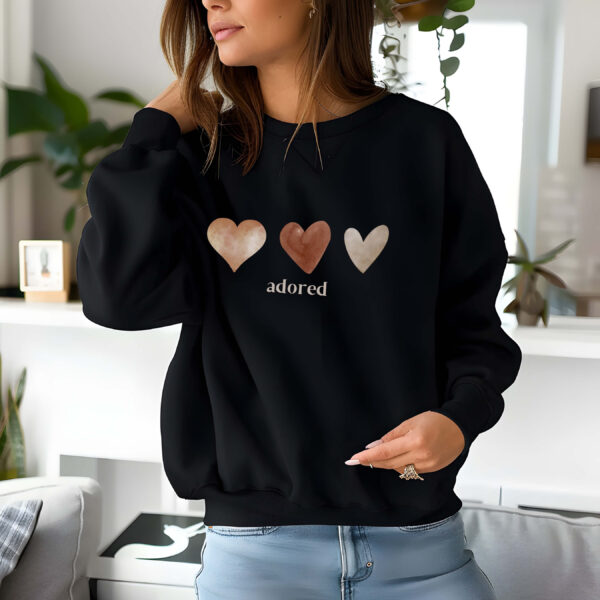 Black sweatshirt with Cute Brown hearts graphic and Adored text– feminine and minimal, from Bhoomkins’ Sweatshirt collection
