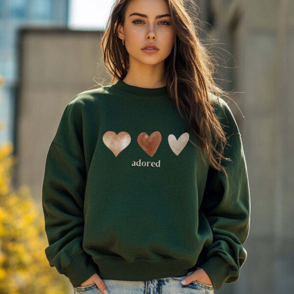 Forest Green sweatshirt with Cute Brown hearts graphic and Adored text– feminine and minimal, from Bhoomkins’ Sweatshirt collection