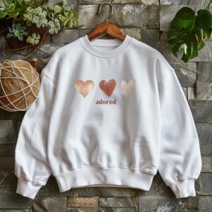 White sweatshirt with Cute Brown hearts graphic and Adored text– feminine and minimal, from Bhoomkins’ Sweatshirt collection