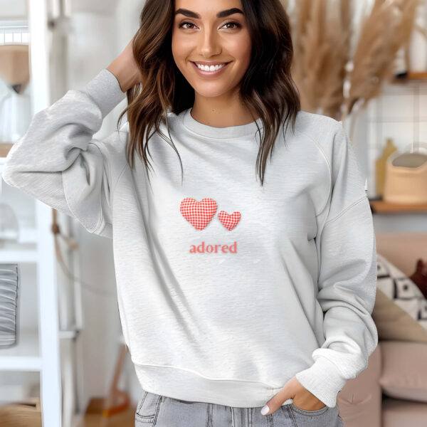 Ash sweatshirt with Red Gingham Hearts & Adored Text– feminine and minimal, from Bhoomkins’ Sweatshirts collection