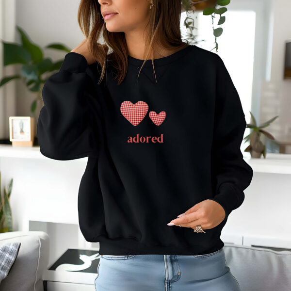 Black sweatshirt with Red Gingham Hearts & Adored Text– feminine and minimal, from Bhoomkins’ Sweatshirts collection