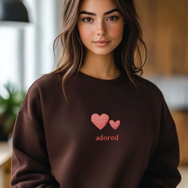 Dark Chocolate sweatshirt with Red Gingham Hearts & Adored Text– feminine and minimal, from Bhoomkins’ Sweatshirts collection