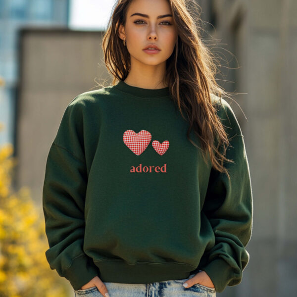 Forest Green sweatshirt with Red Gingham Hearts & Adored Text– feminine and minimal, from Bhoomkins’ Sweatshirts collection