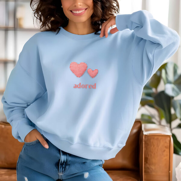 Light Blue sweatshirt with Red Gingham Hearts & Adored Text– feminine and minimal, from Bhoomkins’ Sweatshirts collection