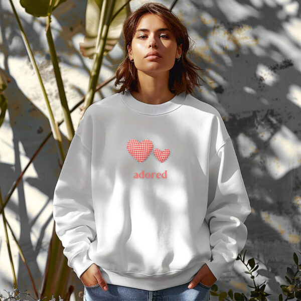 White sweatshirt with Red Gingham Hearts & Adored Text– feminine and minimal, from Bhoomkins’ Sweatshirts collection
