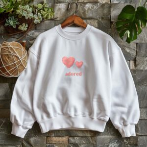 White sweatshirt with Red Gingham Hearts & Adored Text– feminine and minimal, from Bhoomkins’ Sweatshirts collection