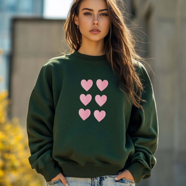 Forest Green sweatshirt with pink heart grid– feminine and minimal, from Bhoomkins’ sweatshirt collection