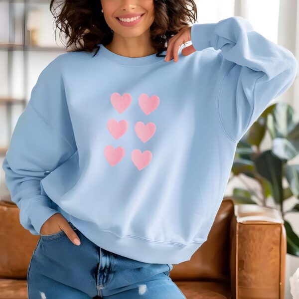 Light Blue sweatshirt with pink heart grid– feminine and minimal, from Bhoomkins’ sweatshirt collection