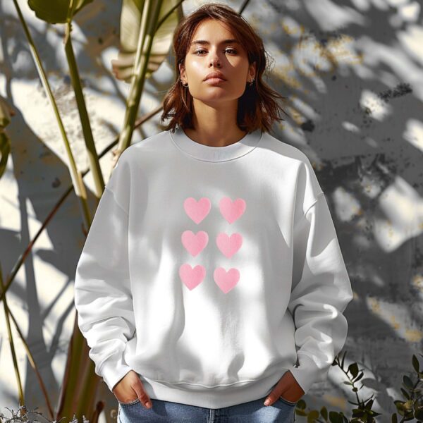 White sweatshirt with pink heart grid– feminine and minimal, from Bhoomkins’ sweatshirt collection