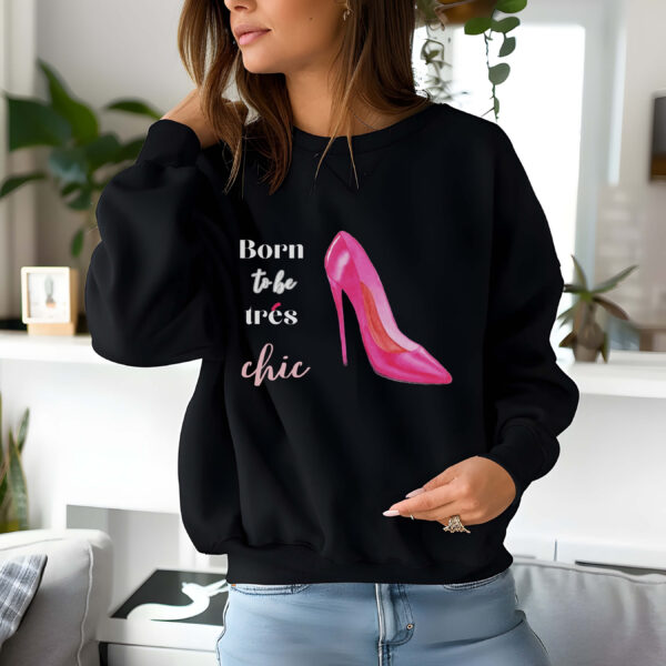 Black sweatshirt with pink stilletos print and born to be chic text– feminine and minimal, from Bhoomkins’ boldly feminine collection