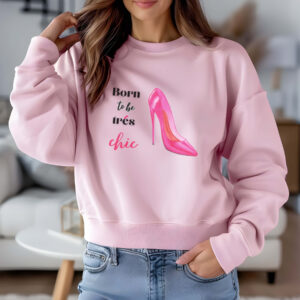 Light Pink sweatshirt with pink stilletos print and born to be chic text– feminine and minimal, from Bhoomkins’ boldly feminine collection