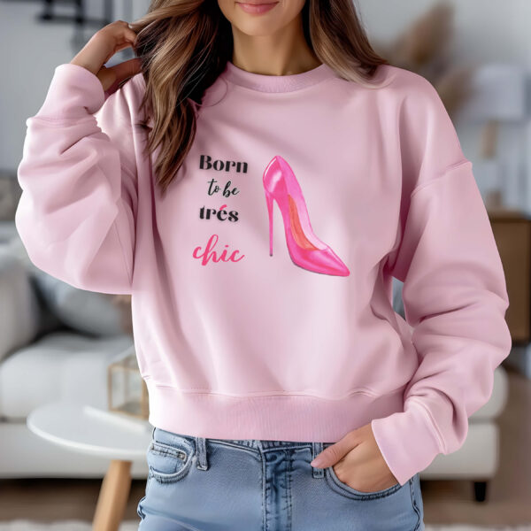 Light Pink sweatshirt with pink stilletos print and born to be chic text– feminine and minimal, from Bhoomkins’ boldly feminine collection