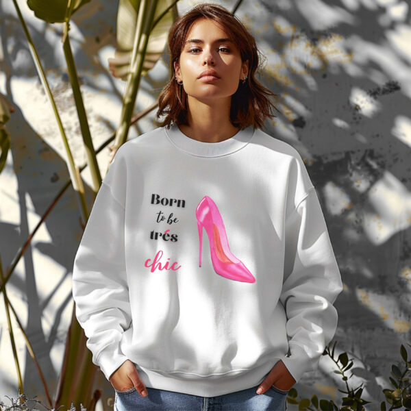 White sweatshirt with pink stilletos print and born to be chic text– feminine and minimal, from Bhoomkins’ boldly feminine collection