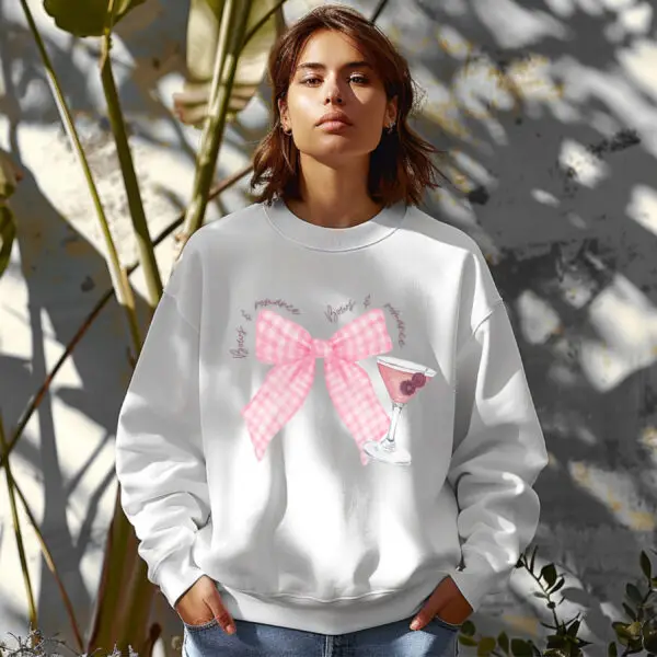 White cozy sweatshirt with romantic bow print – feminine and minimal, from Bhoomkins’ Coquette collection