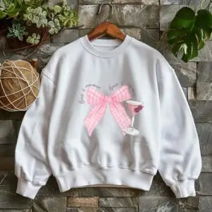 White cozy sweatshirt with romantic bow print – feminine and minimal, from Bhoomkins’ Coquette collection