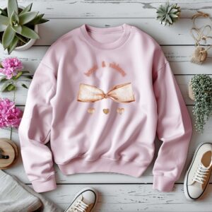 Light Pink sweatshirt with Cute Brown Bow and little hearts graphic and Bows & Ribbons text– feminine and minimal, from Bhoomkins’ Coquette collection