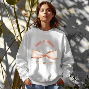 White sweatshirt with Cute Brown Bow and little hearts graphic and Bows & Ribbons text– feminine and minimal, from Bhoomkins’ Coquette collection