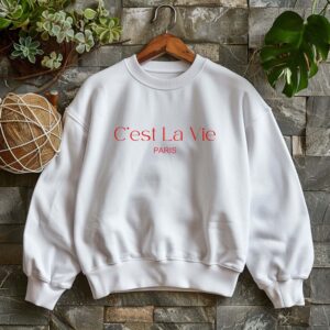 White sweatshirt with C'est La Vie Paris text – feminine and minimal, from Bhoomkins’ Sweatshirt collection