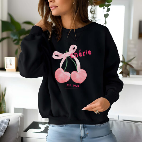 Black sweatshirt with Cute Cherry Print and Cherie text– feminine and minimal, from Bhoomkins’ Cherry collection