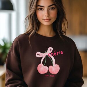 Dark Chocolate sweatshirt with Cute Cherry Print and Cherie text– feminine and minimal, from Bhoomkins’ Cherry collection