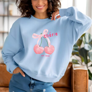 Light Blue sweatshirt with Cute Cherry Bow Print and Cherie text– feminine and minimal, from Bhoomkins’ Cherry collection