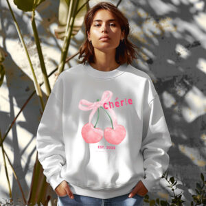 White sweatshirt with Cute Cherry Bow Print and Cherie text– feminine and minimal, from Bhoomkins’ Cherry collection