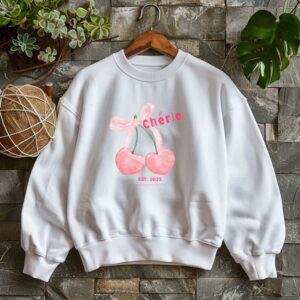 White sweatshirt with Cute Cherry Bow Print and Cherie text– feminine and minimal, from Bhoomkins’ Cherry collection