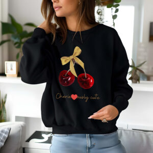 Black sweatshirt with cute cherry and bow print – feminine and minimal, from Bhoomkins’ Cherry collection