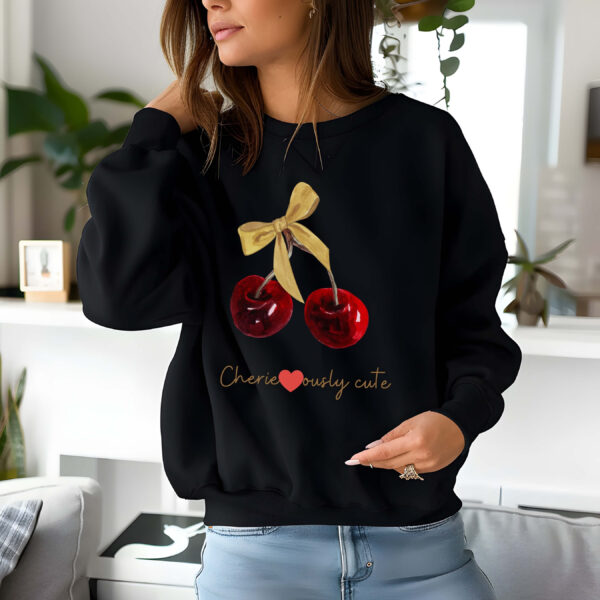 Black sweatshirt with cute cherry and bow print – feminine and minimal, from Bhoomkins’ Cherry collection