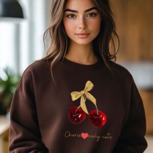 Dark Chocolate sweatshirt with cute cherry and bow print – feminine and minimal, from Bhoomkins’ Cherry collection