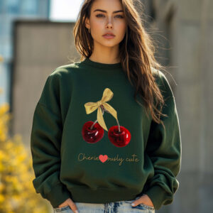 Forest Green sweatshirt with cute cherry and bow print – feminine and minimal, from Bhoomkins’ Cherry collection