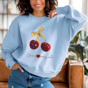 Light Blue sweatshirt with cute cherry and bow print – feminine and minimal, from Bhoomkins’ Cherry collection