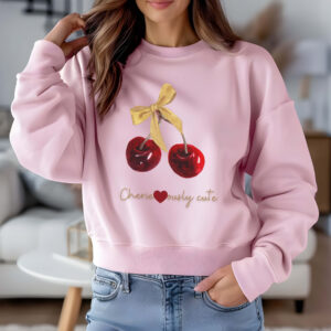 Light Pink sweatshirt with cute cherry and bow print – feminine and minimal, from Bhoomkins’ Cherry collection