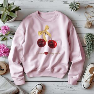 Light Pink sweatshirt with cute cherry and bow print – feminine and minimal, from Bhoomkins’ Cherry collection