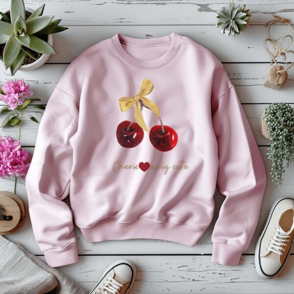 Light Pink sweatshirt with cute cherry and bow print – feminine and minimal, from Bhoomkins’ Cherry collection