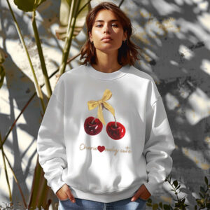 White sweatshirt with cute cherry and bow print – feminine and minimal, from Bhoomkins’ Cherry collection
