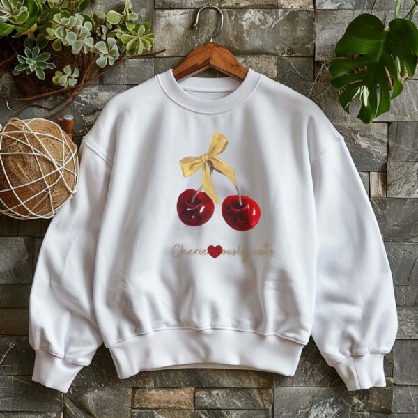 White sweatshirt with cute cherry and bow print – feminine and minimal, from Bhoomkins’ Cherry collection
