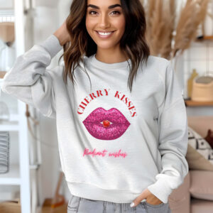 Ash sweatshirt with Bold Pink Lips and Cherry Print and Cherry Kisses text– feminine and minimal, from Bhoomkins’ Boldly Feminine collection