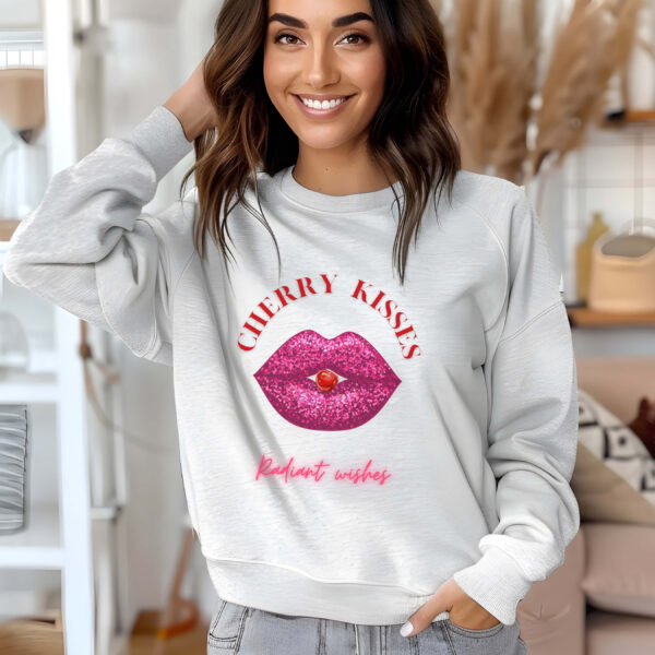 Ash sweatshirt with Bold Pink Lips and Cherry Print and Cherry Kisses text– feminine and minimal, from Bhoomkins’ Boldly Feminine collection