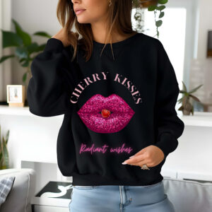 Black sweatshirt with Bold Pink Lips and Cherry Print and Cherry Kisses text– feminine and minimal, from Bhoomkins’ Boldly Feminine collection