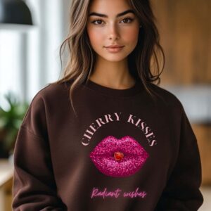 Dark Chocolate sweatshirt with Bold Pink Lips and Cherry Print and Cherry Kisses text– feminine and minimal, from Bhoomkins’ Boldly Feminine collection