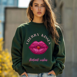 Forest Green sweatshirt with Bold Pink Lips and Cherry Print and Cherry Kisses text– feminine and minimal, from Bhoomkins’ Boldly Feminine collection