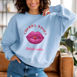 Light Blue sweatshirt with Bold Pink Lips and Cherry Print and Cherry Kisses text– feminine and minimal, from Bhoomkins’ Boldly Feminine collection