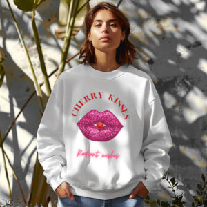 White sweatshirt with Bold Pink Lips and Cherry Print and Cherry Kisses text– feminine and minimal, from Bhoomkins’ Boldly Feminine collection