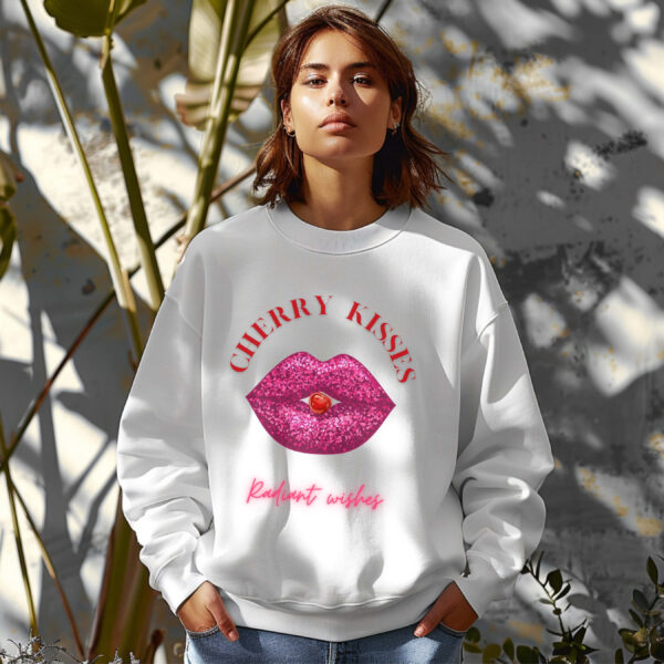 White sweatshirt with Bold Pink Lips and Cherry Print and Cherry Kisses text– feminine and minimal, from Bhoomkins’ Boldly Feminine collection