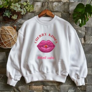 White sweatshirt with Bold Pink Lips and Cherry Print and Cherry Kisses text– feminine and minimal, from Bhoomkins’ Boldly Feminine collection