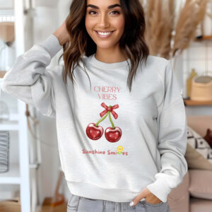 Ash sweatshirt with Cute Cherry Bow Print and Cherry Vibes text– feminine and minimal, from Bhoomkins’ Cherry collection