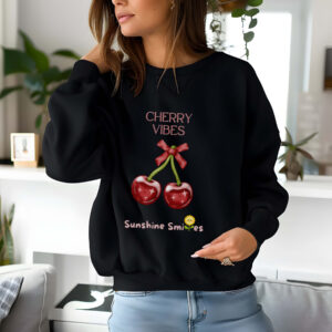 Black sweatshirt with Cute Cherry Bow Print and Cherry Vibes text– feminine and minimal, from Bhoomkins’ Cherry collection