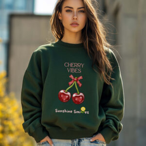 Forest Green sweatshirt with Cute Cherry Bow Print and Cherry Vibes text– feminine and minimal, from Bhoomkins’ Cherry collection